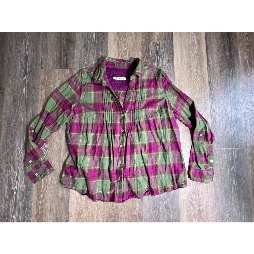 Maurices Plaid Flannel Shirt Womens 2 Purple Green Long Sleeve Pleated Button Up